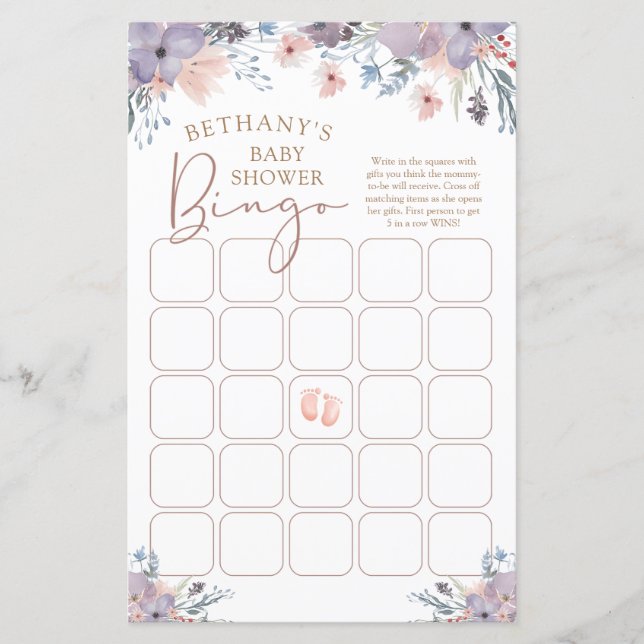 Aquarelle Floral Violet Baby shower Bingo (Devant)