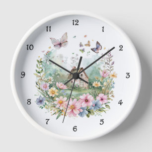 Aquarelle Floral Wreath and Cottage Wall Horloge