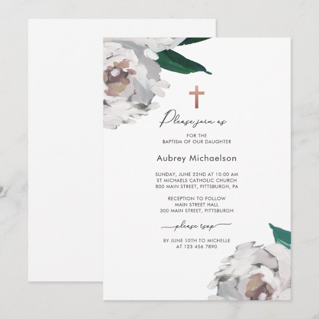 Aquarelle florale avec invitation de Baptême crois (Devant / Derrière)