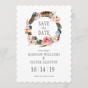 Aquarelle florale avec plumes   Save the date