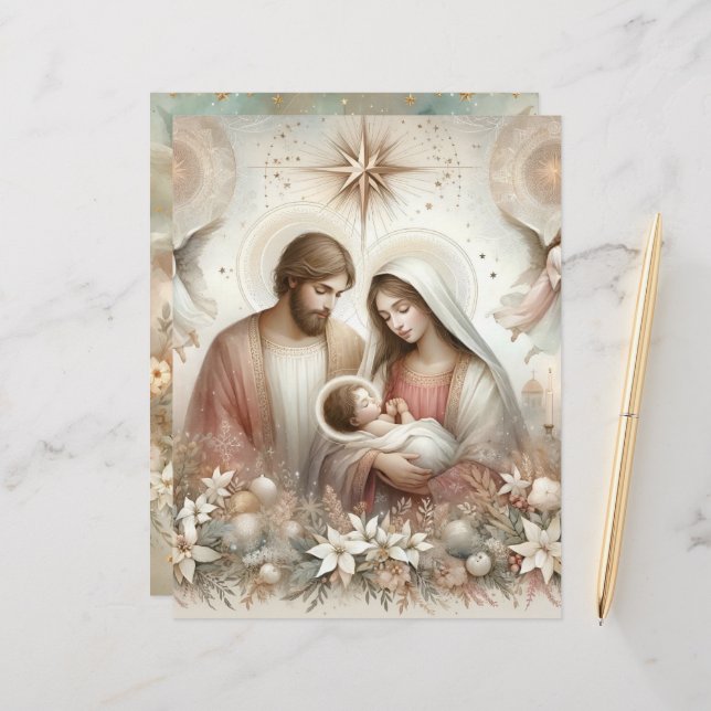 Aquarelle florale Bébé Jésus papier à scandale (Devant/Arrière en situation)