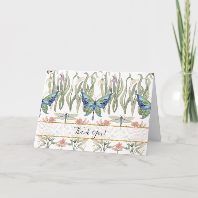 Aquarelle florale Bleu et papillon rose (Devant)
