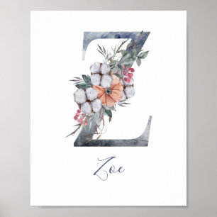 Aquarelle Florale Bleue Monogramme Z Nom Poster