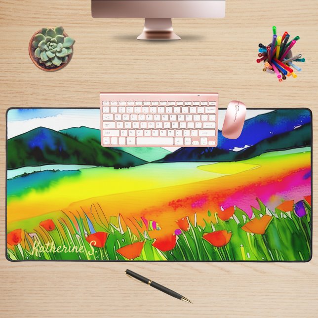 Aquarelle Florale Californie Poppies Pré Nature (California Poppy Wildflower Floral Personalized Desk Mat. Brighten your day with this beautiful art!)