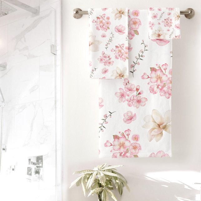 Aquarelle Florale Cerisier Fleur Fleur Motif Flora (Watercolor Floral Cherry Blossom Floral Pattern Bath Towel Set)