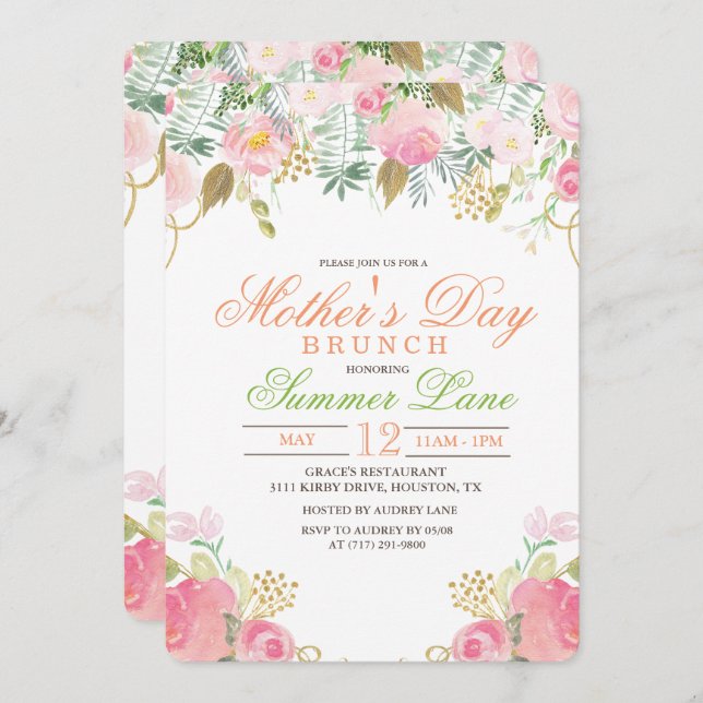 Aquarelle florale Fête des mères Invitation Brunch (Devant / Derrière)