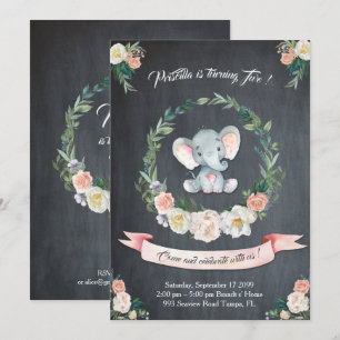 Aquarelle florale Invitation d'éléphant, Baby 2e