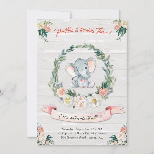 Aquarelle florale Invitation d'éléphants, Baby 3e (Devant)