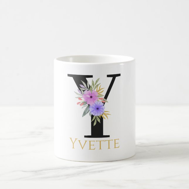 Aquarelle Florale Monogramme Café Mug (Centre)