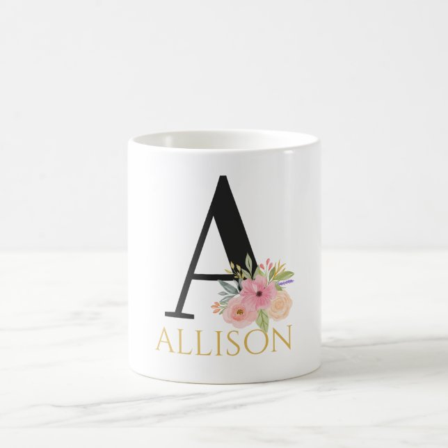 Aquarelle Florale Monogramme Café Mug (Centre)
