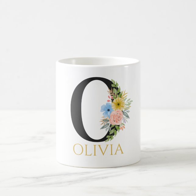 Aquarelle Florale Monogramme Café Mug (Centre)