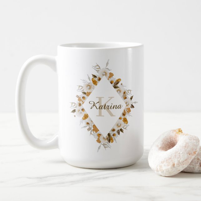 Aquarelle Florale Monogramme Mug (Avec donut)