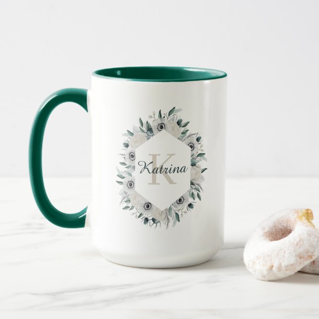 Aquarelle Florale Monogramme Mug (Avec donut)