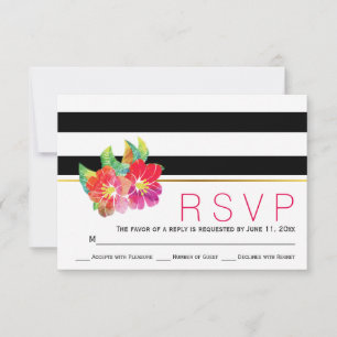 Aquarelle florale noir blanc rayures mariage RSVP