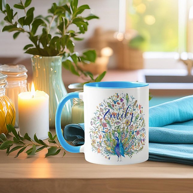 Aquarelle florale paon café personnalisé tasse (Créateur téléchargé)