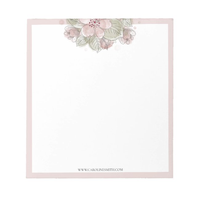 Aquarelle Florale, Pastel, Bordure Rose, Bloc-note (Devant)