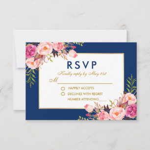 Aquarelle Florale Rose Bleu Or Mariage RSVP