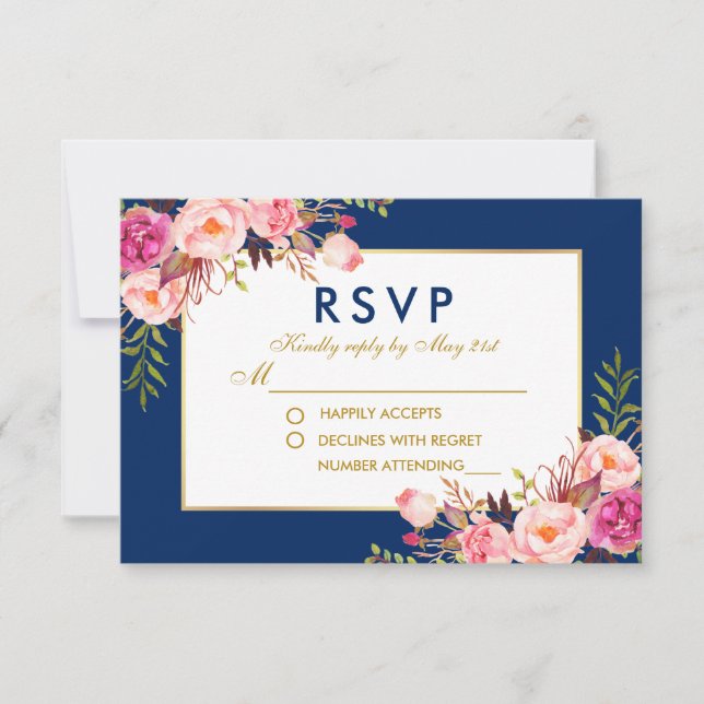 Aquarelle Florale Rose Bleu Or Mariage RSVP (Devant)