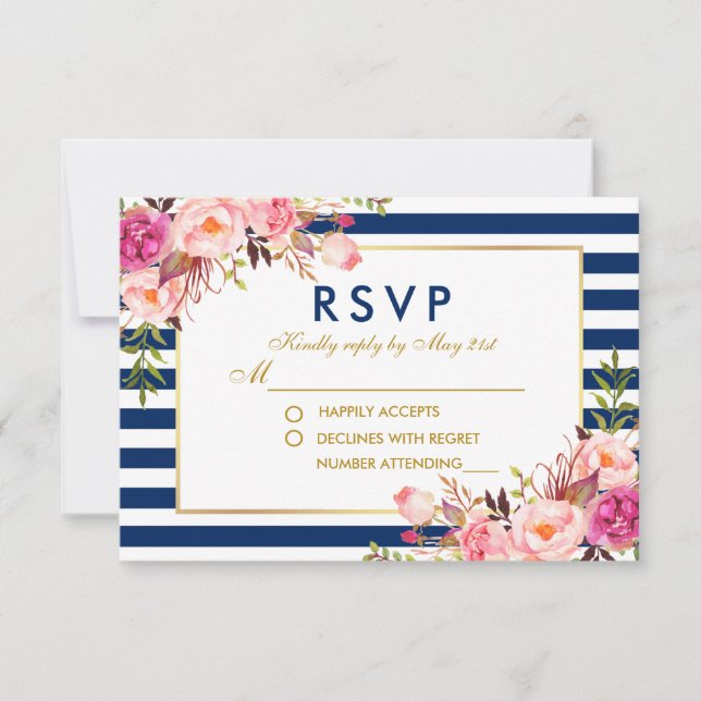 Aquarelle florale rose Bleu rayures Mariage RSVP (Devant)