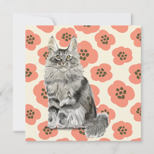 Aquarelle florale rose Gris Maine Coon Chat (Devant)
