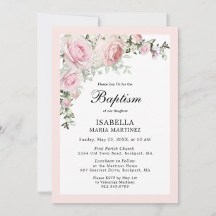 Aquarelle florale rose pâle Baptême Invitation