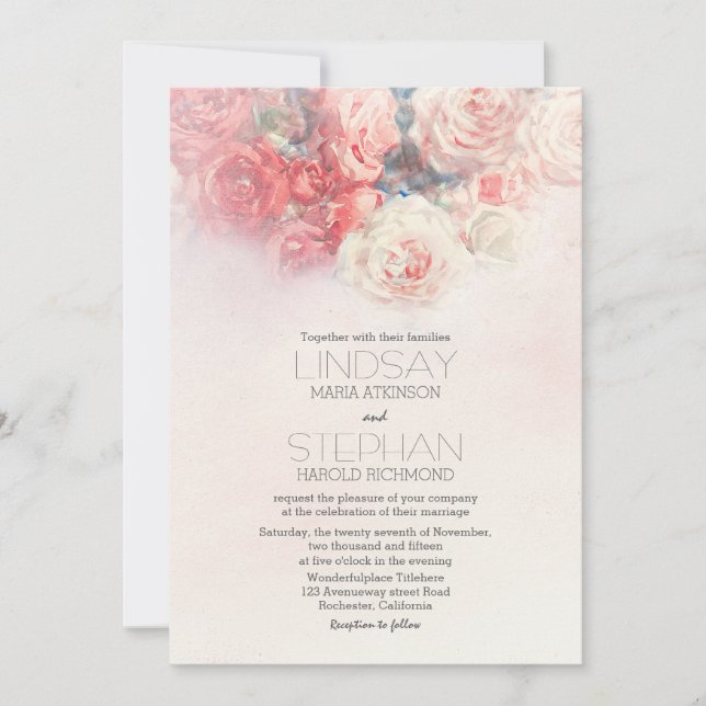 aquarelle florale rose pâle invitations de mariage (Devant)