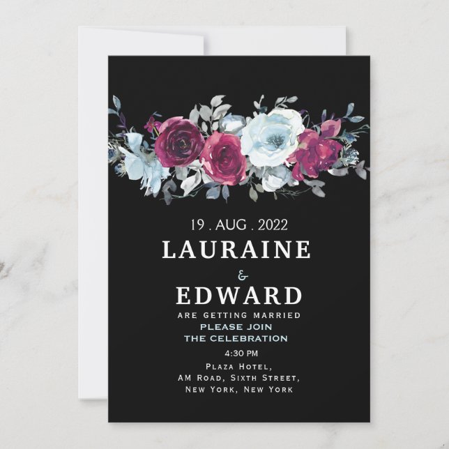 Aquarelle florale rose pivoine noire invitation (Devant)