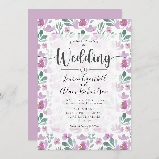 Aquarelle florale rose pourpre Faire-part de maria (Devant / Derrière)