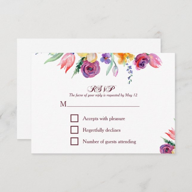 Aquarelle florale sur blanc RSVP et menu (Devant / Derrière)