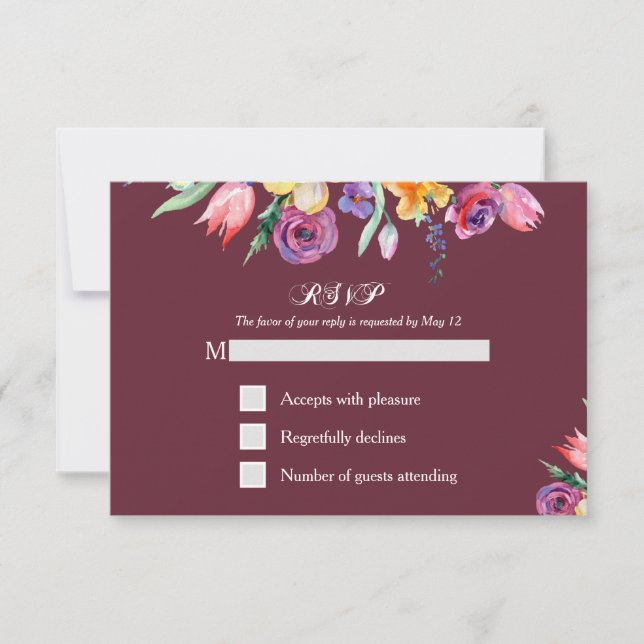 Aquarelle florale sur RSVP Bourgogne et Menu (Devant)
