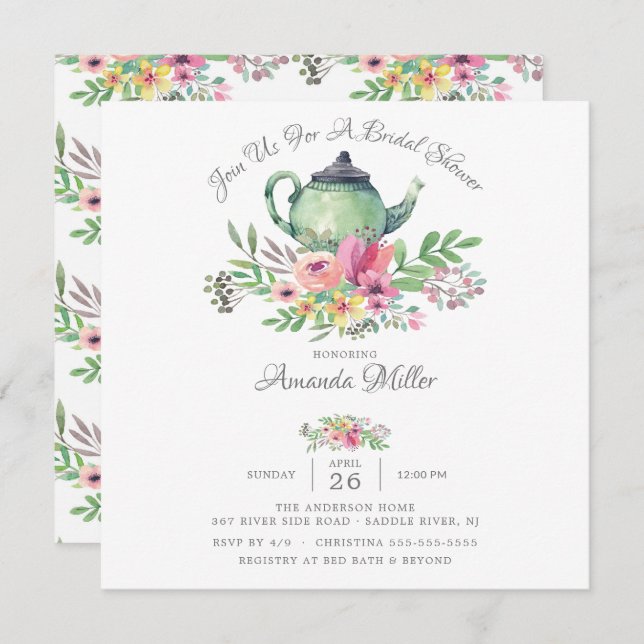 Aquarelle Florale Teapot nuptiale Invitation à la  (Devant / Derrière)