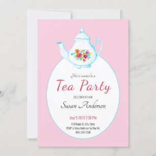 Aquarelle Florale Teapot Pink Tea Party Invitation