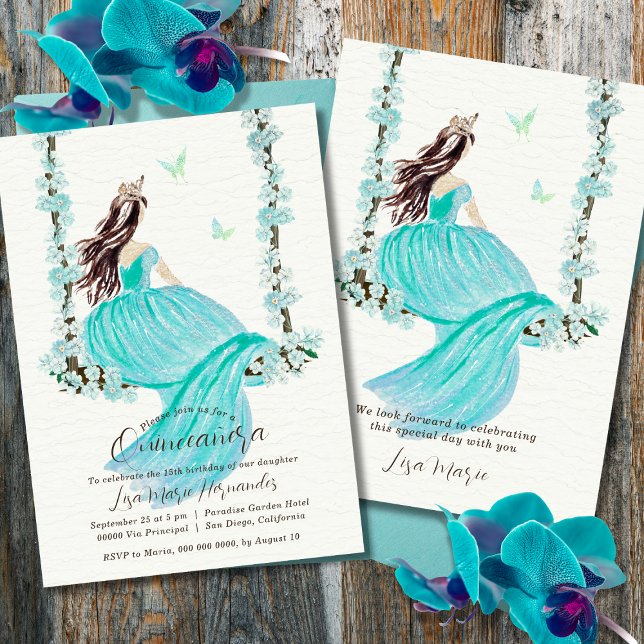 Aquarelle florale turquoise Quinceañera Invitation (Créateur téléchargé)
