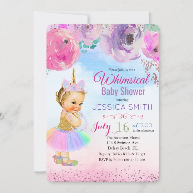 Aquarelle florale Unicorn Baby shower Invitation (Devant)