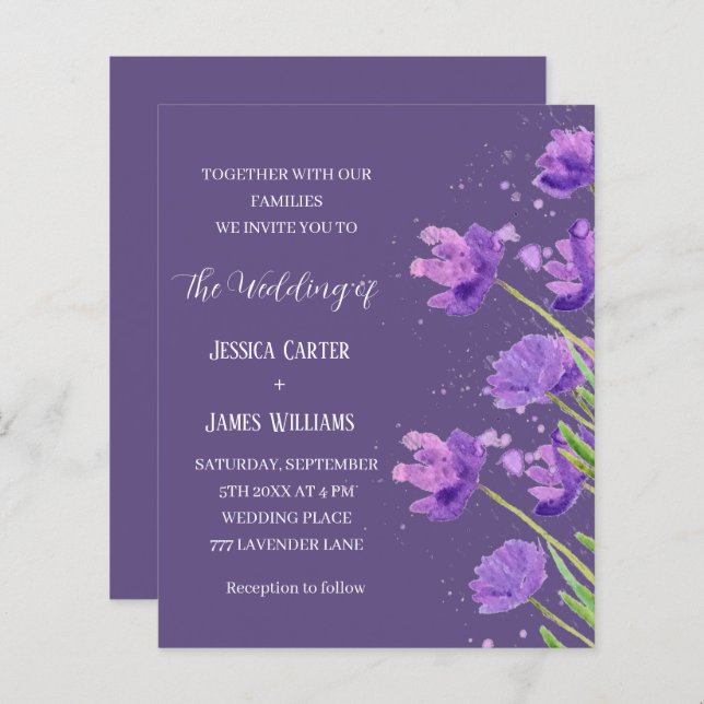 Aquarelle Florale violet Élégant Mariage simple (Devant / Derrière)