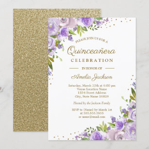 Aquarelle Florale violet or Quinceanera Invitation