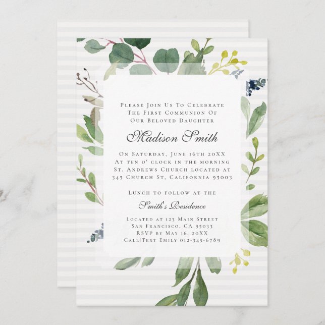 Aquarelle Foliage Première communion Invitation (Devant / Derrière)