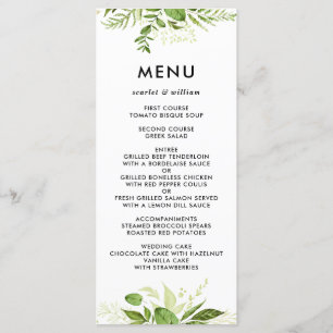Aquarelle Folid vert sauvage Menu Mariage Carte II