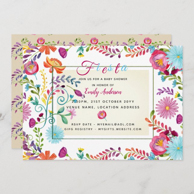 Aquarelle Folkart Fiesta Baby shower Invitations (Devant / Derrière)