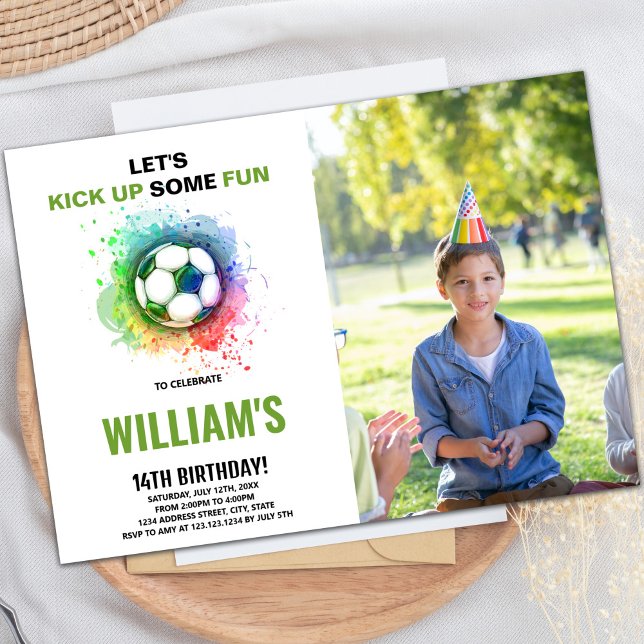Aquarelle Football Anniversaire Invitation avec ph (Watercolor Soccer Birthday Invitations with photo)