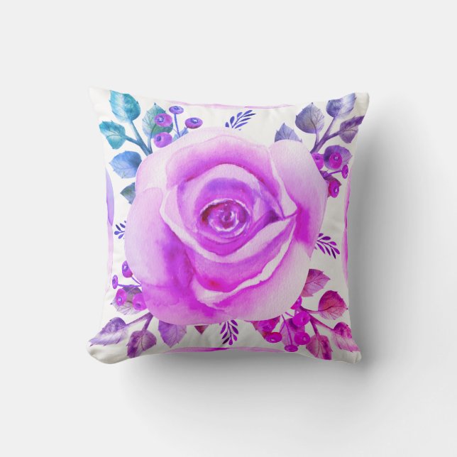 Aquarelle Fuchsia Rose Imprimer Oreiller Floral (Recto)