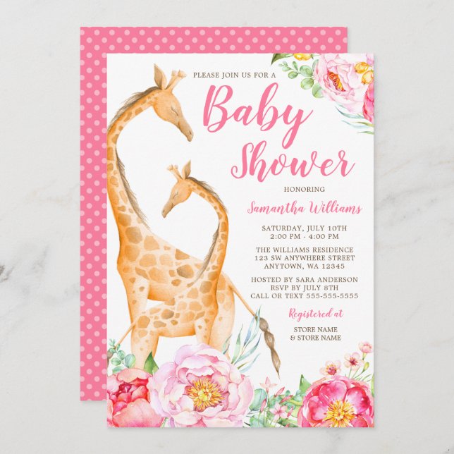 Aquarelle Giraffe Girl Baby Shower Invitations (Devant / Derrière)