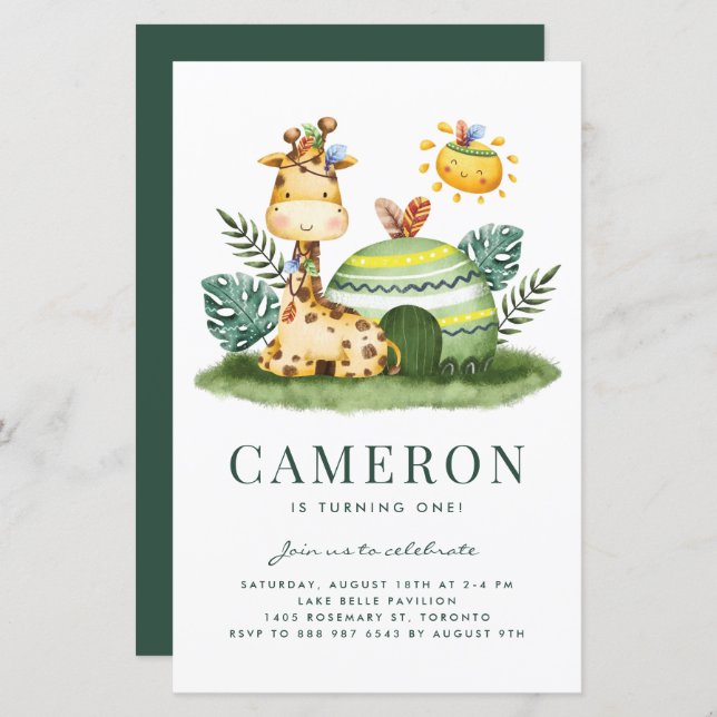 Aquarelle Giraffe Safari Invitation d'anniversaire (Devant / Derrière)