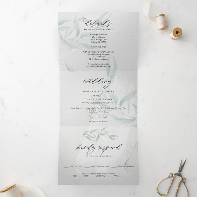 Aquarelle gris mariage Sage Eucalyptus Tri-Fold (Intérieur)