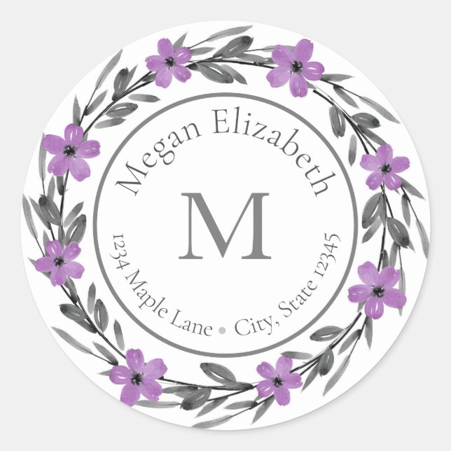 Aquarelle gris prune mauve étiquettes de fleurs (Devant)