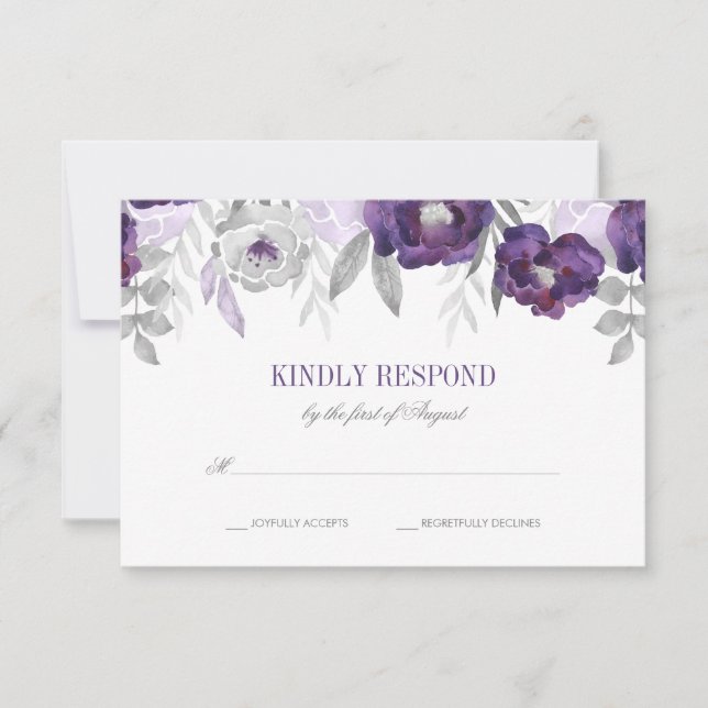 Aquarelle gris violet Fleurs Mariage RSVP (Devant)