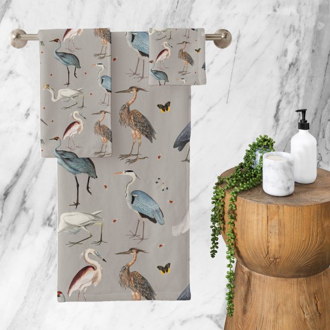 Aquarelle Heron Bird Egret Nature Motif (Watercolor Heron Bird Egret Nature Pattern Bath Towel Set)