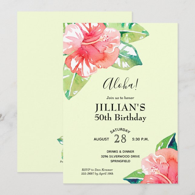 Aquarelle Hibiscus tropicaux Invitations d'anniver (Devant / Derrière)