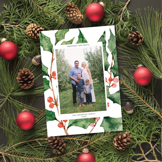 Aquarelle Holly + Berries Carte photo de vacances (Créateur téléchargé)