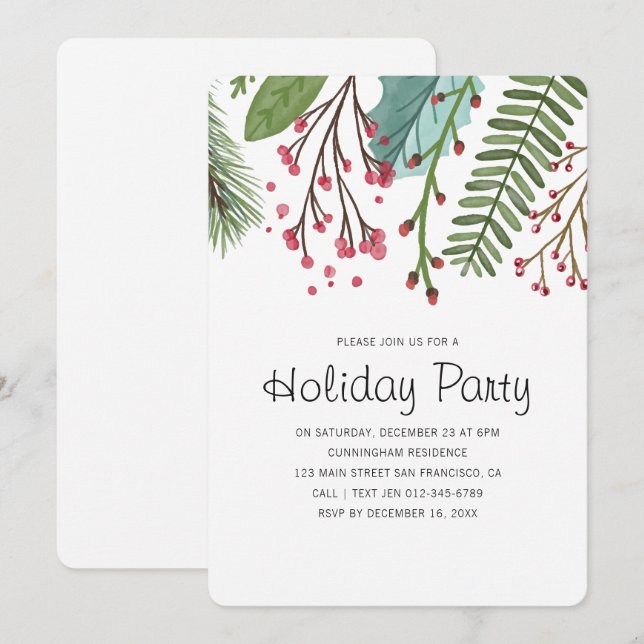Aquarelle Holly Foliage Fête Invitation (Devant / Derrière)